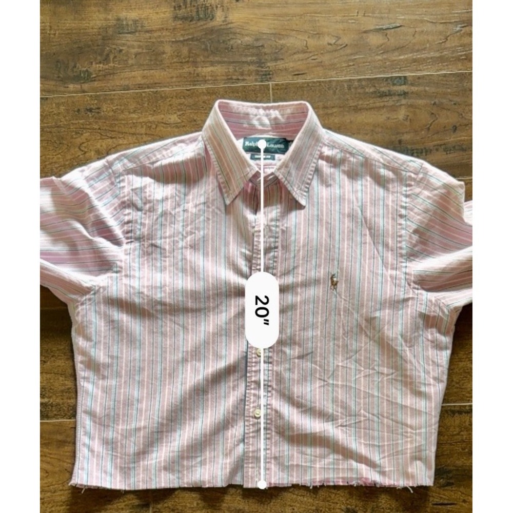 Polo Ralph Lauren Pink Striped Button Down Mens M Cropped Raw Hem Upcycled Women - Picture 5 of 6